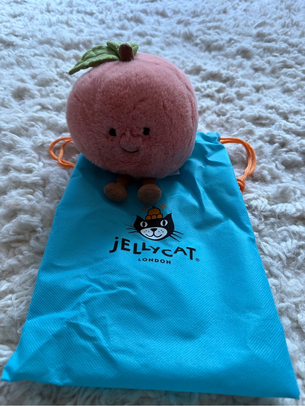 Jellycat Pink Peach Plush Cat Toy with Green Leaf